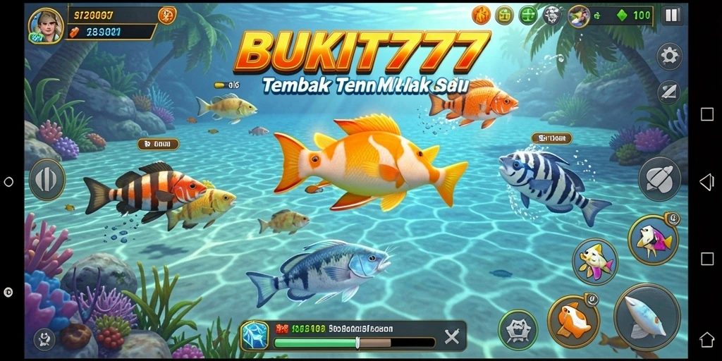 Tampilan gameplay BUKIT777 dengan aksi menembak ikan yang intens.