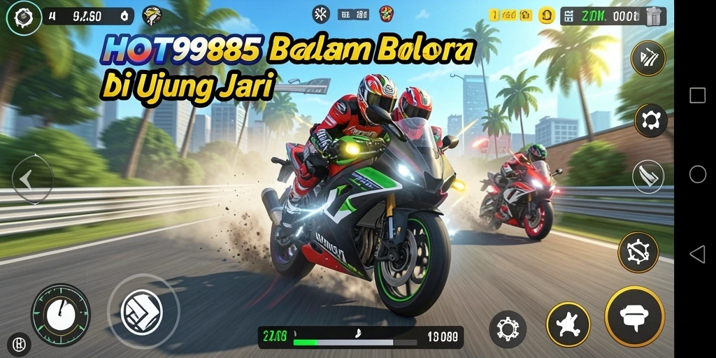 Tampilan gameplay mendebarkan dari HOT985 dengan balapan motor cepat.