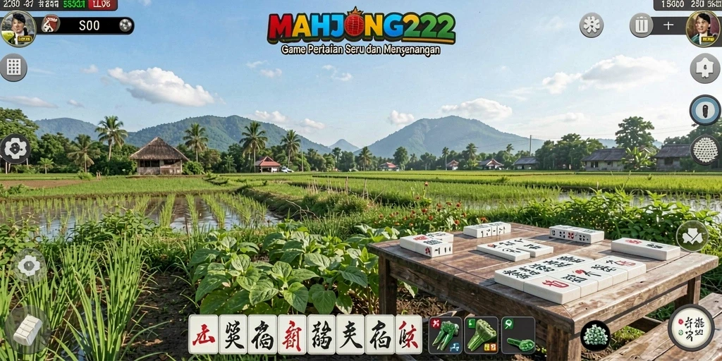 Tampilan gameplay MAHJONG222 dengan kebun yang indah dan aktivitas bertani.