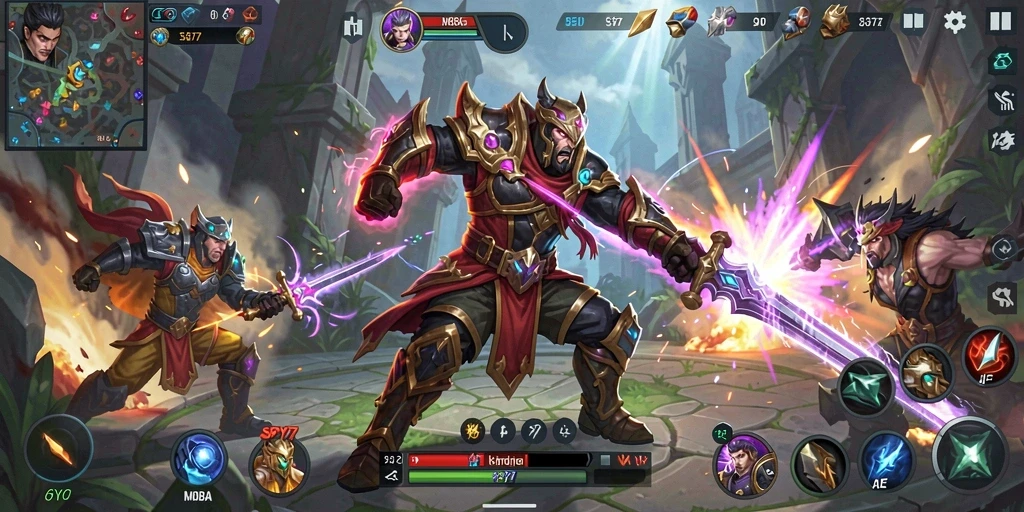 Tangkapan layar utama SPY77 menampilkan pertarungan tim yang epik di arena MOBA.